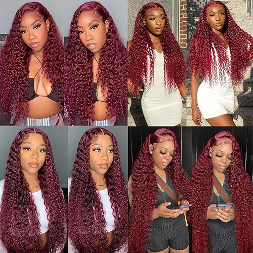 Miniatura 6 de Burgundy Lace Front Wigs Human Hair Pre Plucked 99J Deep Wave Wig 13x4 HD Lace Frontal Wigs for Black Women Human Hair Red Colored Wet and Wavy
