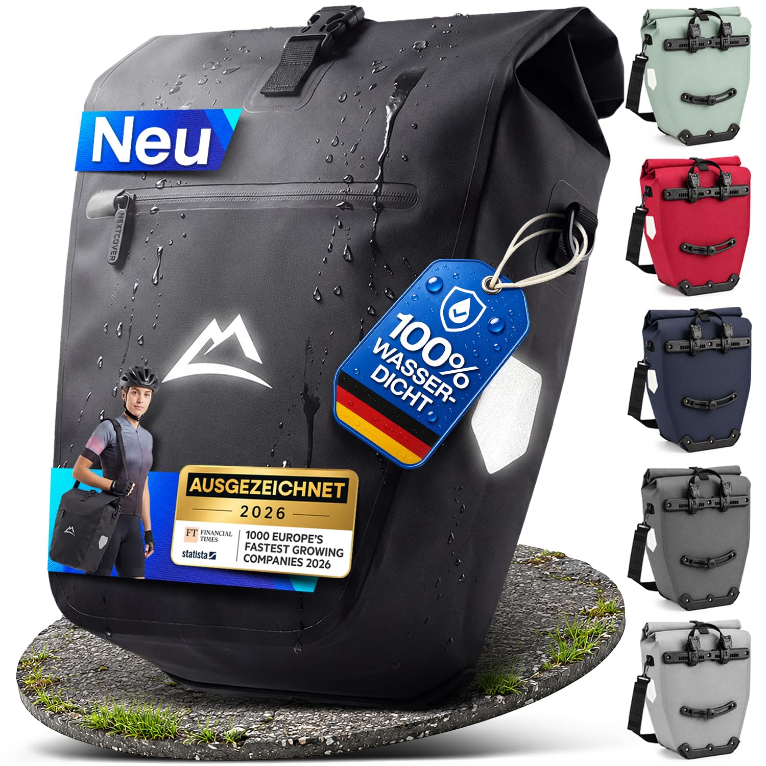 Nextcover® Fahrradtasche für Gepäckträger [AquaShield-TPU] I 100% wasserdichte Gepäckträgertasche mit klick-System & Rollverschluss I Reflektierende Fahrrad Tasche Inkl. Tragegurt, Fahrradtaschen