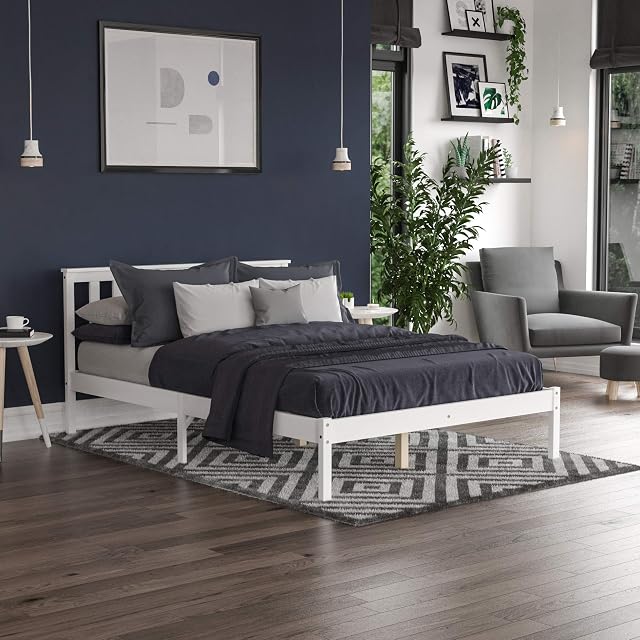 Vida Designs Milan Double Bed, 4ft6, Bed Frame, Solid Pine Wood, Headboard, Low Foot End, Bedroom Furniture, White