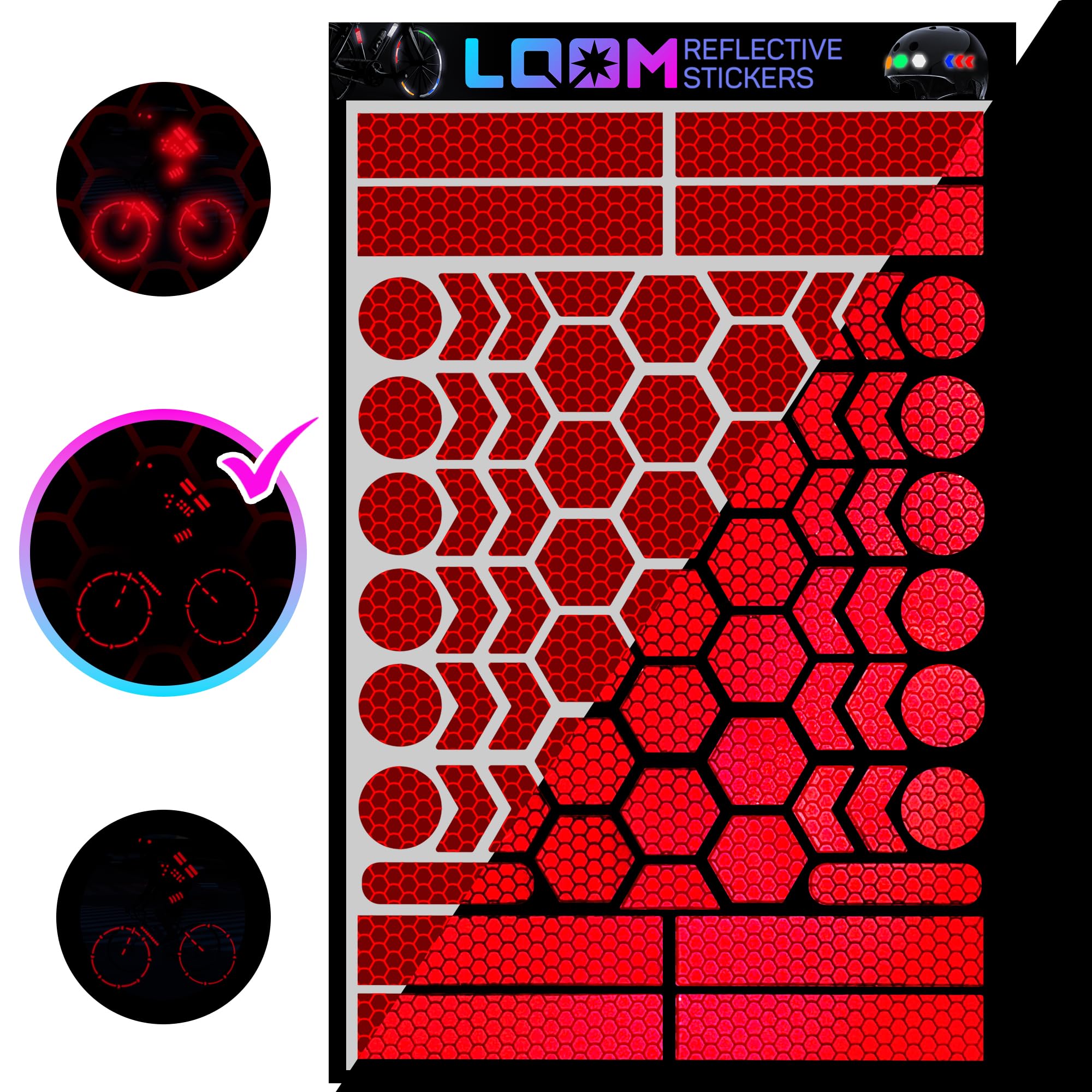 LOOM® Reflective Stickers for Bikes &amp; Helmets | 67pc Prismatic, Red