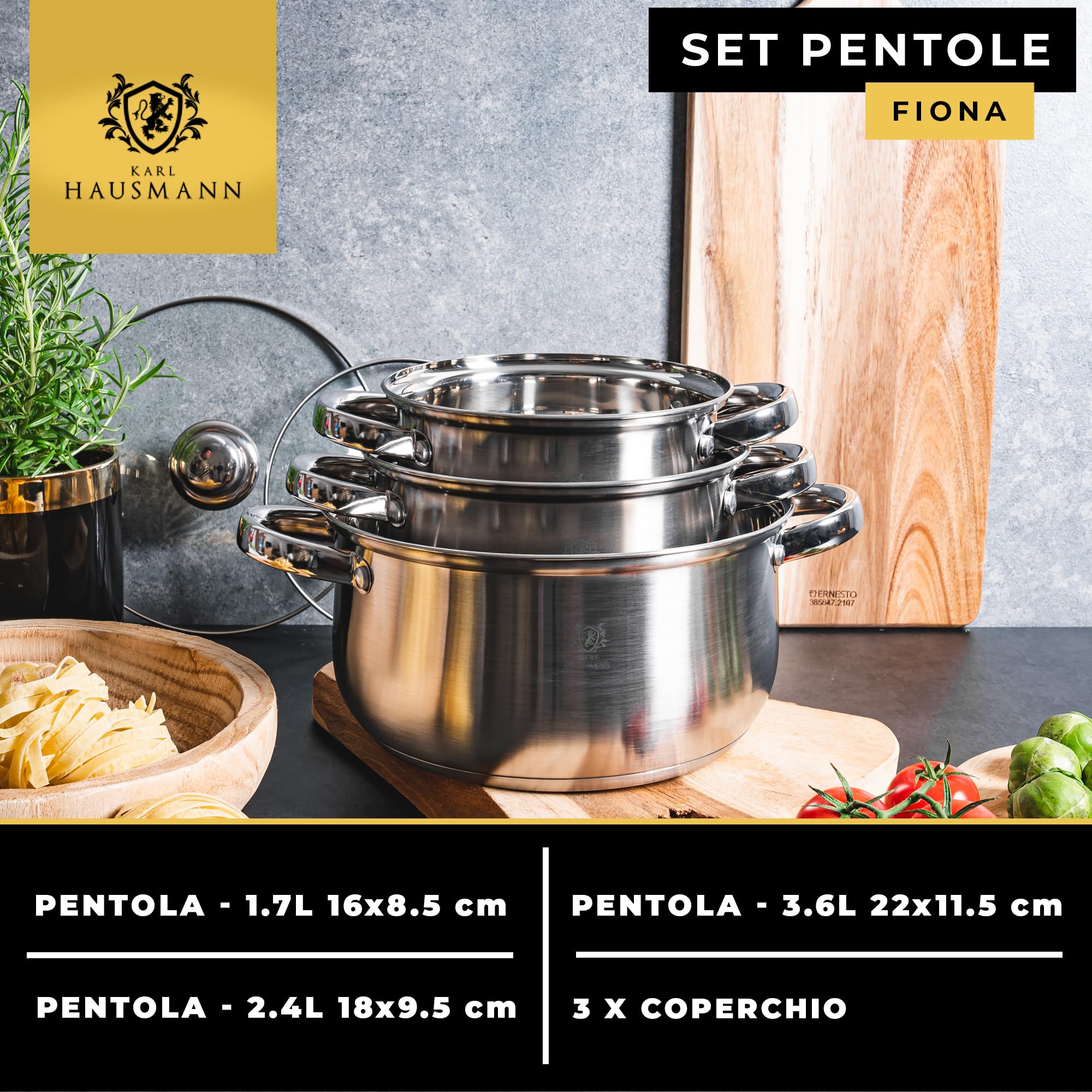 KARL HAUSMANN Set Pentole Acciaio Inox con Coperchi in Vetro - 3 Pentole, Adatte a Induzione, Fondo Multistrato per Cottura Uniforme, per Tutti i Piani Cottura, Lavabili in Lavastoviglie
