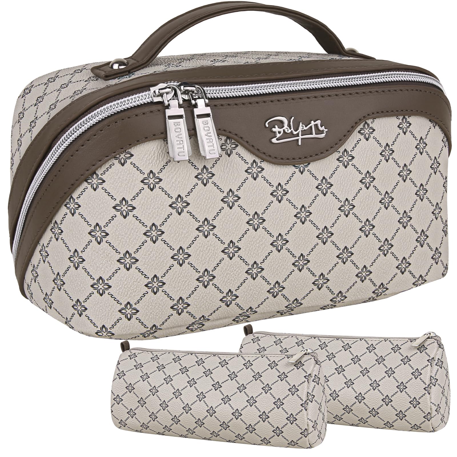 Travel Makeup Bags Cosmetic Organizer Bag: Large Capacity Make up Bag Set of 3 - PU Leather Toiletry Bag for Women - Portable Makeup Organizer with Compartments & Handle & Divider khaki