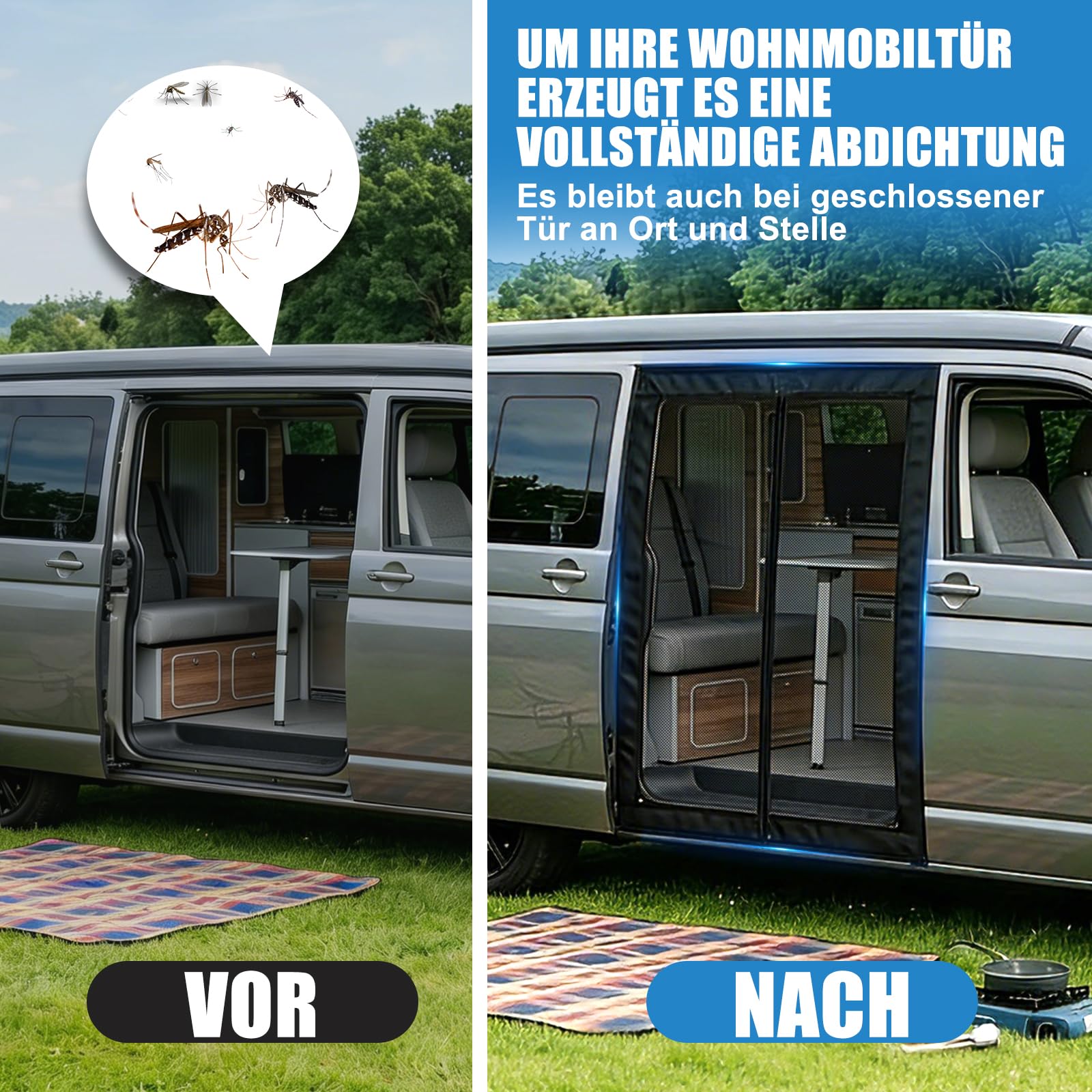 Moskitonetz Magnetisch für VW T5 T6 Schiebetür | Insektennetz & Fliegengitter mit Schattennetz | Sonnenschutz als Camping Zubehör für Multivan