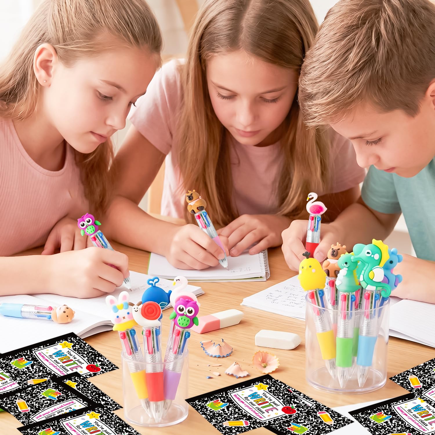 ANGOLIO Cadeaux de rentrée scolaire pour étudiants – 28 ensembles de cadeaux pour le premier jour d'école comprenant des stylos à bille multicolores 4 en 1 avec cartes de vœux pour camarade de classe