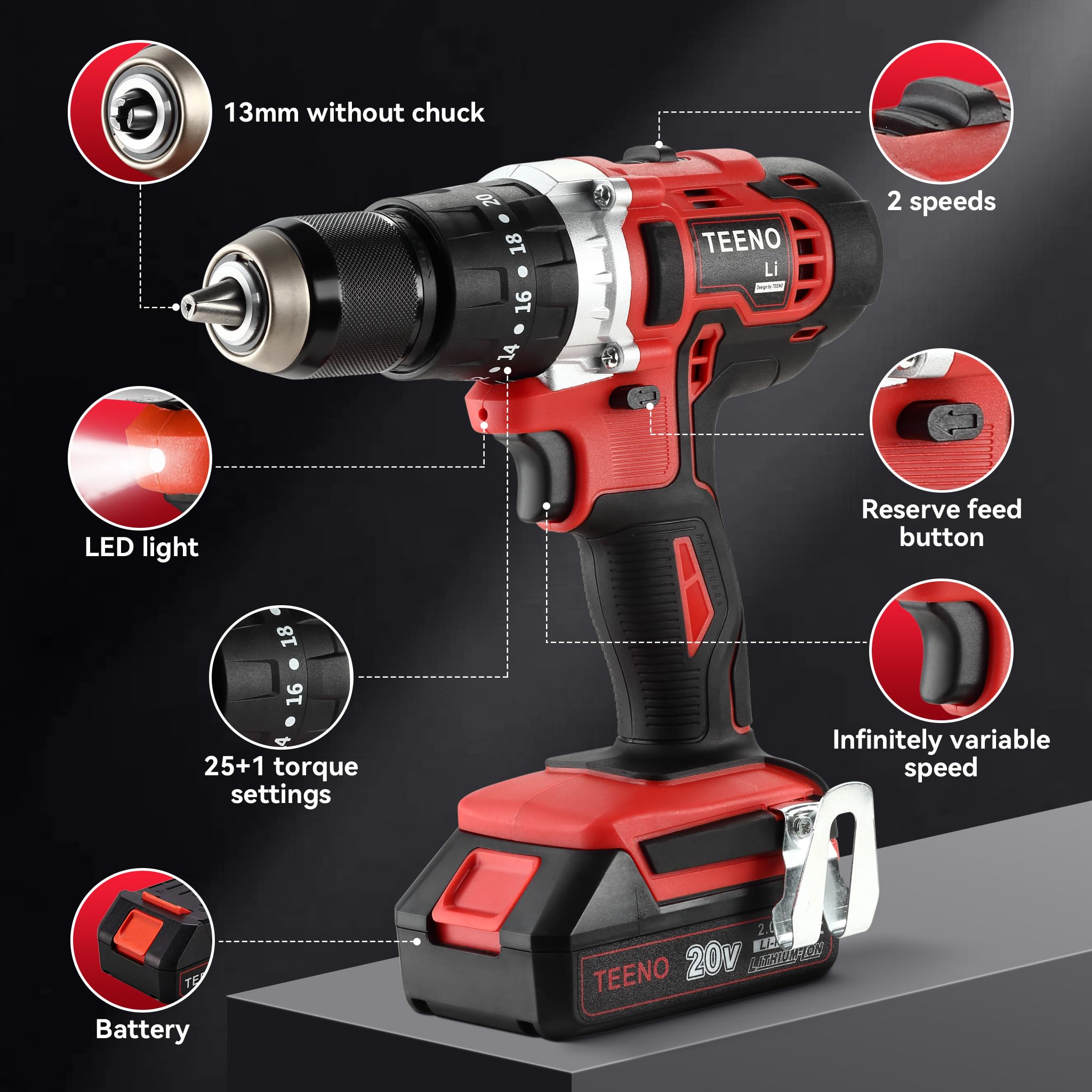 TEENO Kit 2-in-1 Trapano Percussore 45Nm e Avvitatore a Impulsi 20V – Cassetta degli Attrezzi per Bricolage, Riparazione Auto/Mobili – 2 Batterie 2.0Ah, Caricabatterie Rapido, 25 Accessori