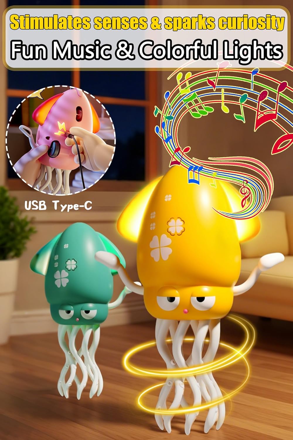 Magic Dancing Octopus Toy with LED Lights & Music – Interactive Crawling & Walking Toy, Auto Obstacle Avoidance, USB Rechargeable, Fishing Game Included – Fun Gift for Kids Ages 3-6 Years (Yellow)