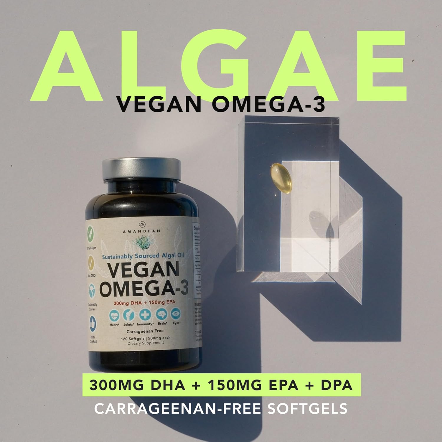 AMANDEAN Vegan Omega 3 Supplement. Premium Fish Oil Alternative. Algae DHA & EPA. Carrageenan Free Softgels. Algal Essential Fatty Acids. Plant Based Heart, Brain, Eye, Skin, Immune Support. (120ct) - Image 2