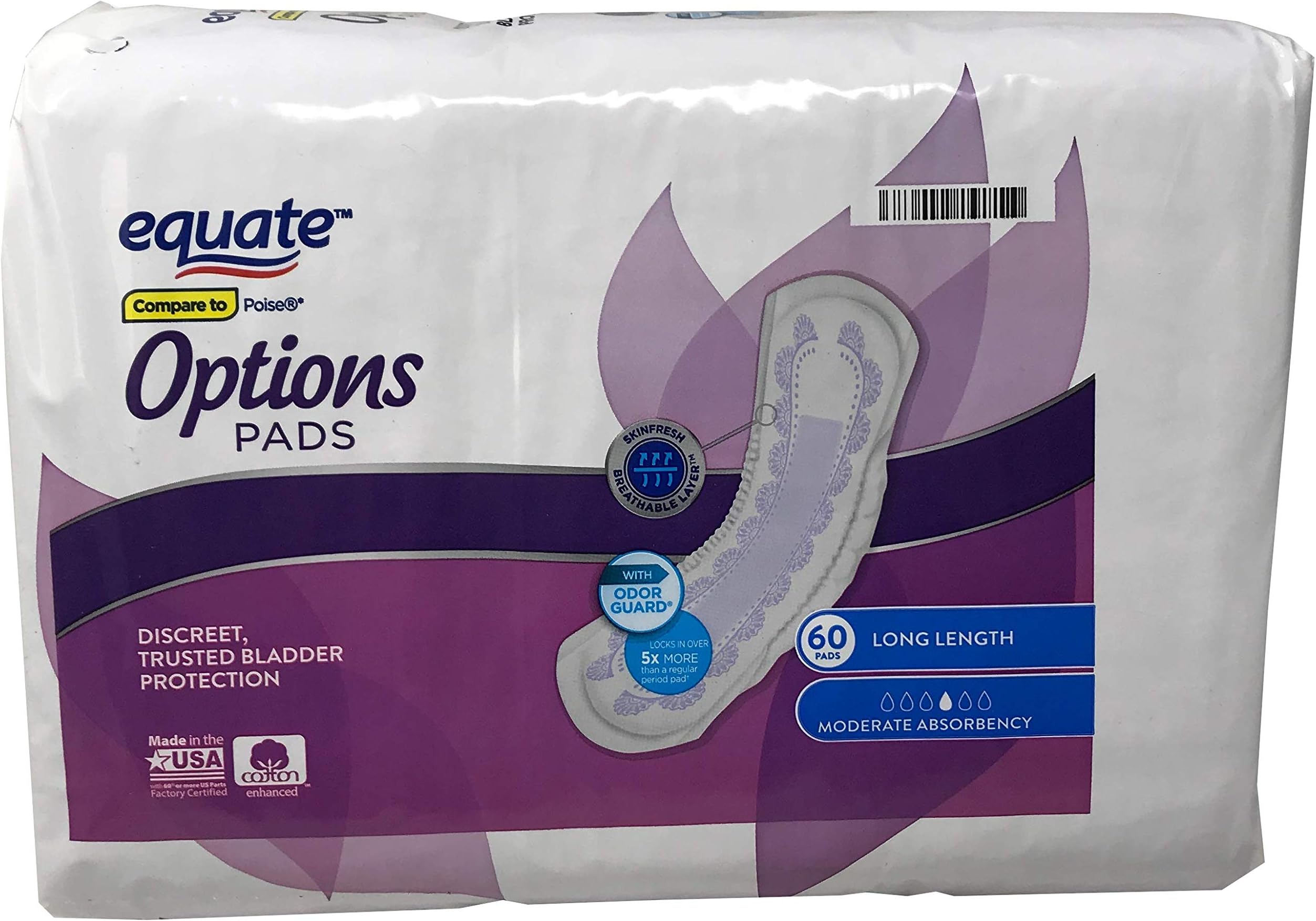 Equate Options Moderate Absorbency Long Length Incontinence Pads, 60 Count