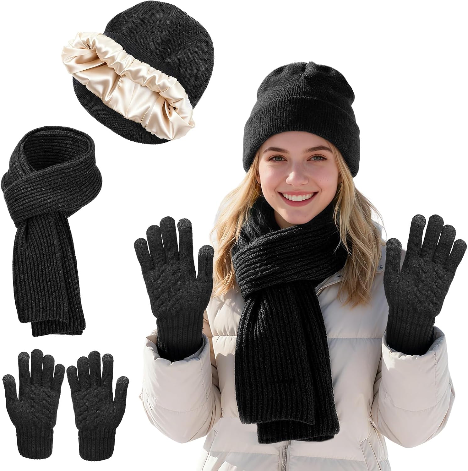 Satin Silk Lined Reduce Frizz Beanie Scarf Gloves for Women - Hair Protection, Winter Warm Accessories Gifts for Her Wife