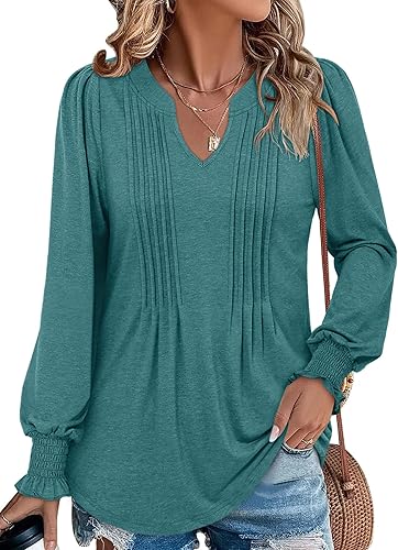BETTE BOUTIK Long Sleeve Shirts for Women Fall Tops Dressy Blouses Pleated V Neck Tunic Tops for Leggings S-3XL