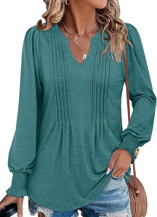 BETTE BOUTIK Long Sleeve Shirts for Women Fall Tops Dressy Blouses Pleated V Neck Tunic Tops for Leggings S-3XL