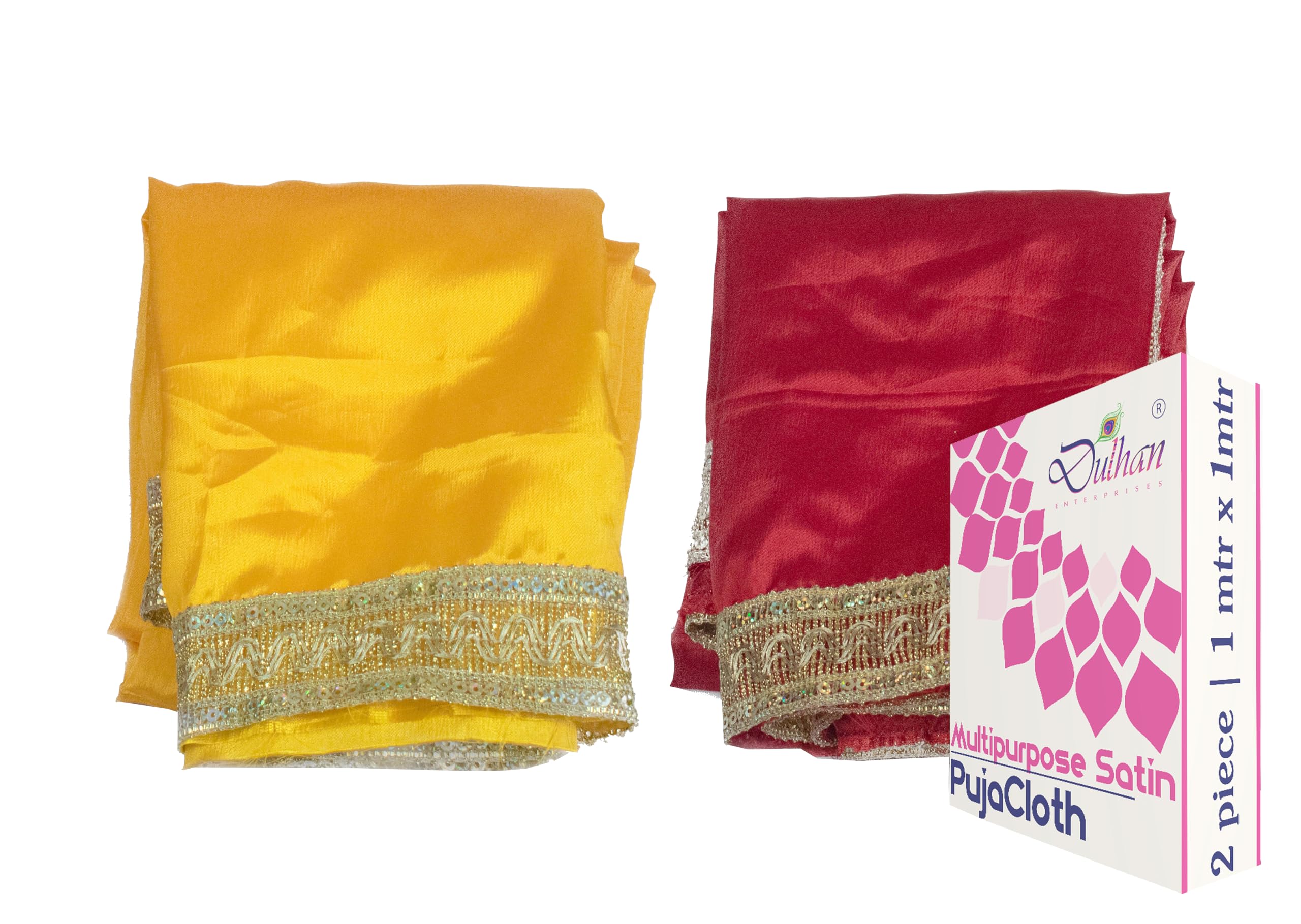 Dulhan Creations (Red and Yellow) Pooja Satin Altar Cloth & Chunri Multipurpose use Altar Cloth - Set of 2 (1 Meter)