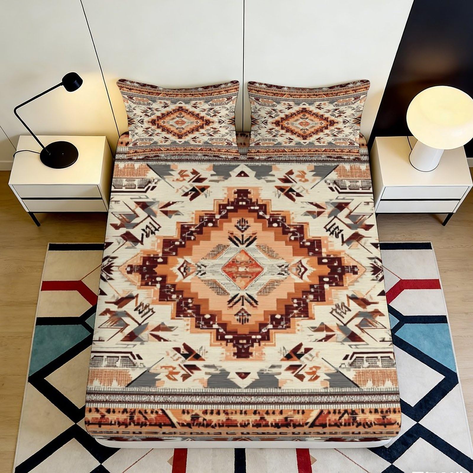 3D Printed Aztec Geometric Fitted Sheet Microfiber Soft Breathable Tribal Pattern Bed Cover for Bedroom Guest Room Decor 180x200x25cm