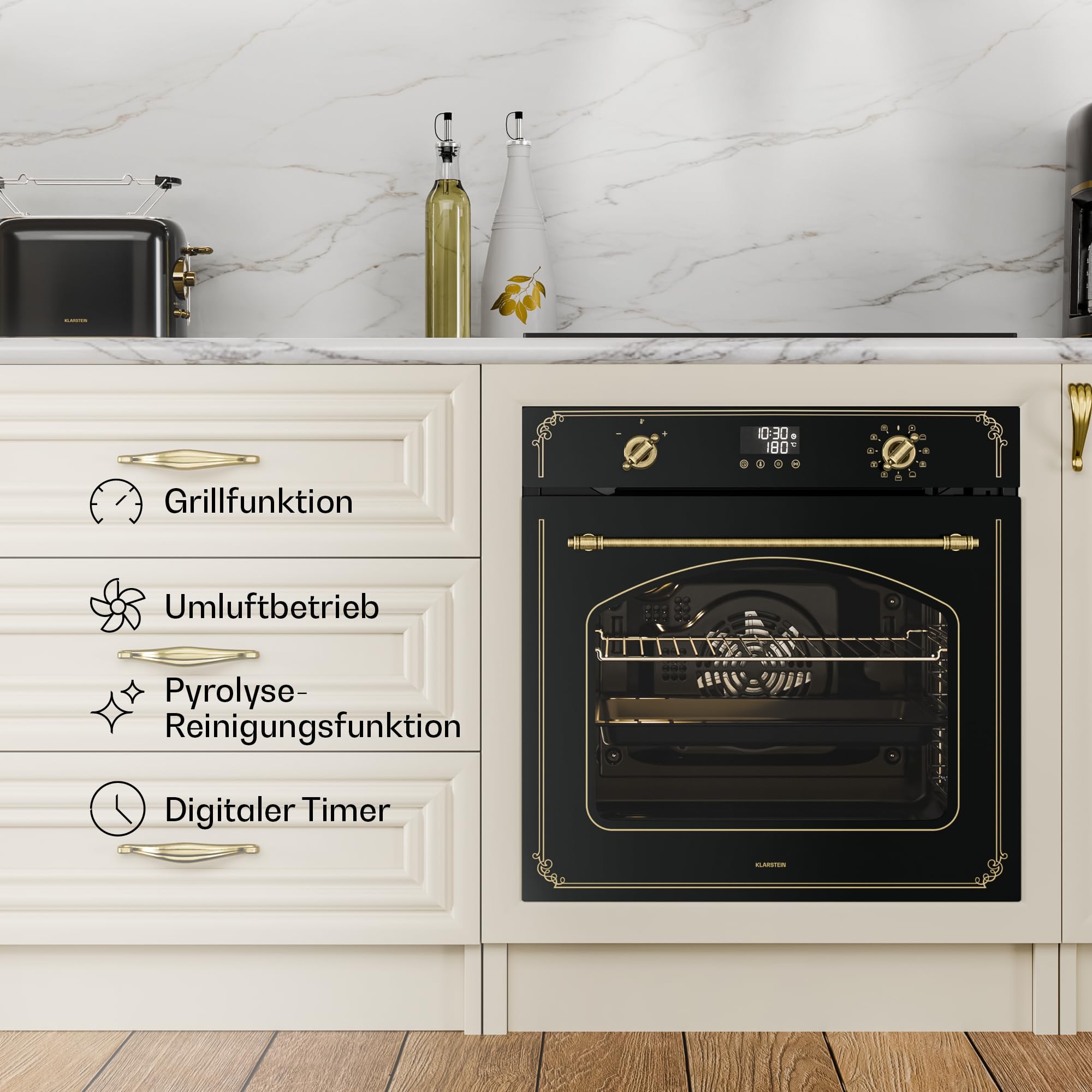 Klarstein Victoria Pyro Einbaubackofen 60 cm 76L Pyrolyse 11 Funktionen Retro Design Energieklasse A Timer Vierfachverglasung Emaille-Innenraum Schwarz