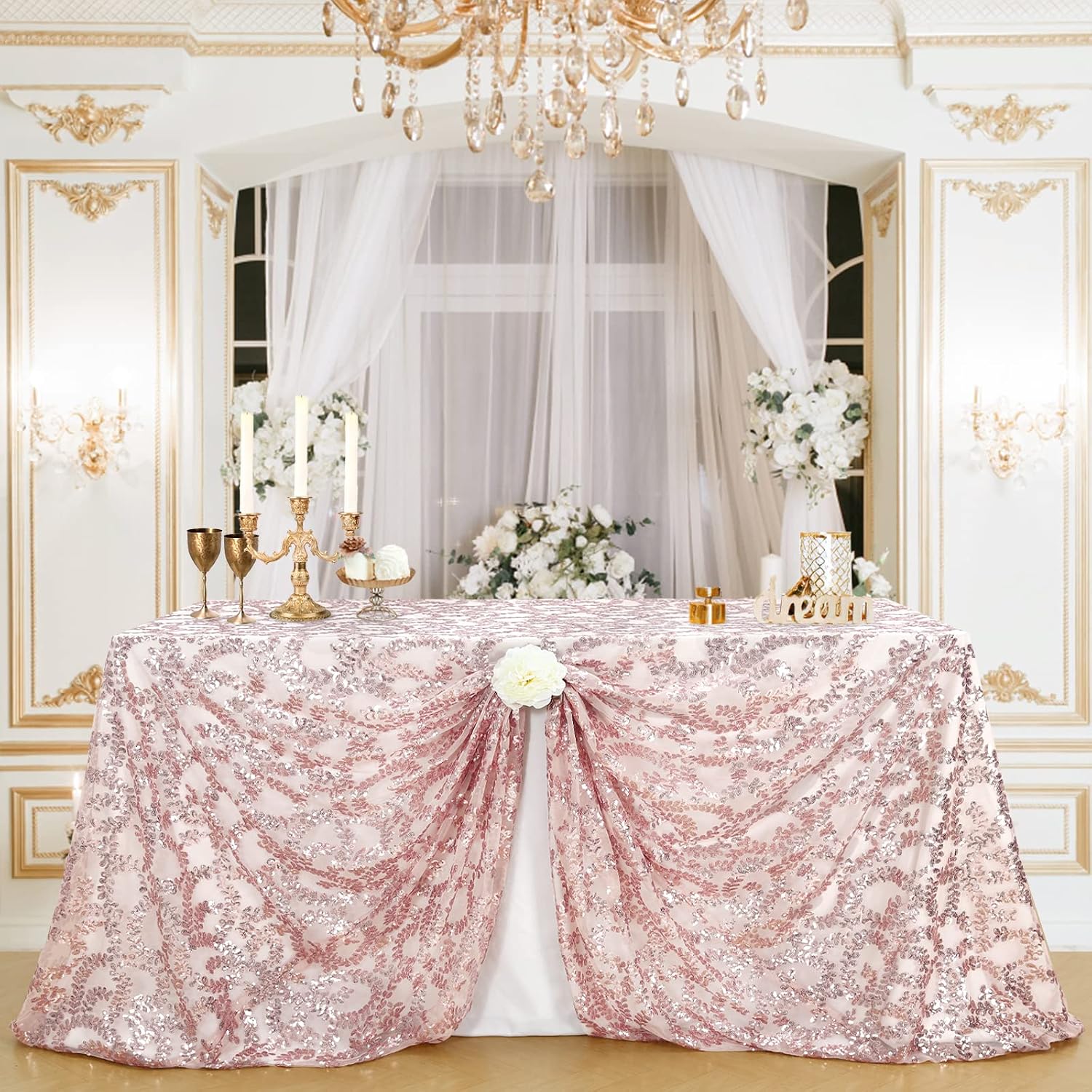 B-COOL Rose Gold Vine Tablecloth 90x90inches Decorative Luxurious Sequin Tablecloth for The Ultimate Glam Inspired Wedding or Event
