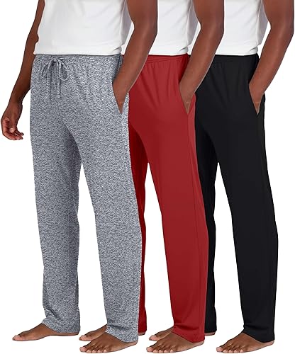 Real Essentials - Paquete de 3 pantalones de pijama suaves para hombre con cordón ajustable y bolsillos, elásticos en 4 direcciones y con absorción,