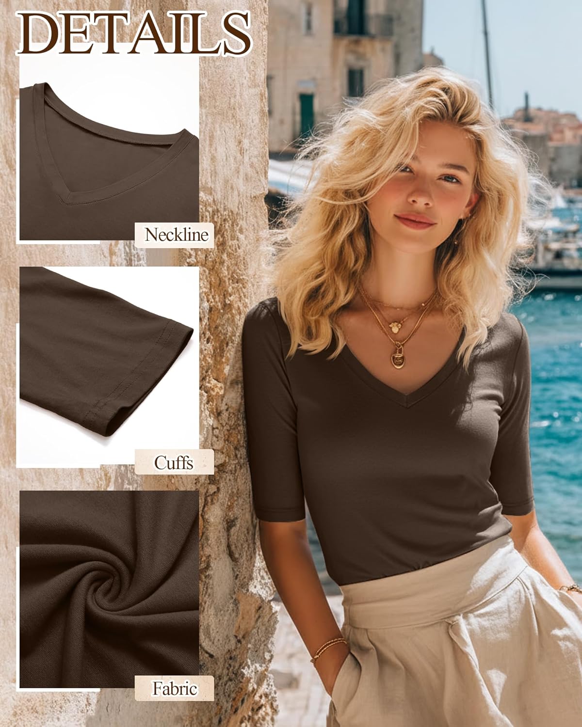 Ficerd 3 Pack Women's Half Sleeve V Neck T Shirts, Mid Elbow Length Sleeve Shirt Slim Fit Tunic Top Casual Summer Tee - Image 4