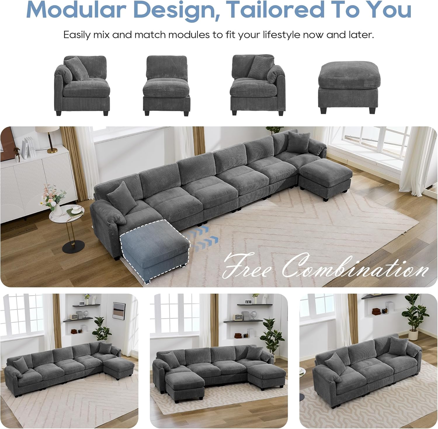 IPKIG 67'' Loveseat Sofa, Corduroy Modern Sectional Modular Cloud Couches for Living Room with 2 Throw Pillows and Deep Seat, Center Stitched Design (Grey, Loveseat)