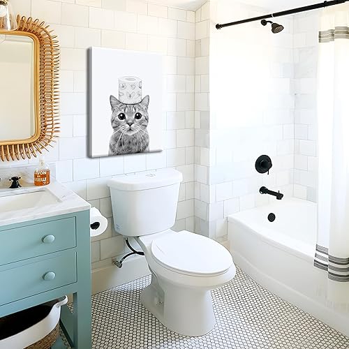 Miniatura 2 de Divertido arte de pared de baño, bonito lienzo de gato blanco y negro, impresiones de papel higiénico humorístico, decoración de baño, adorables