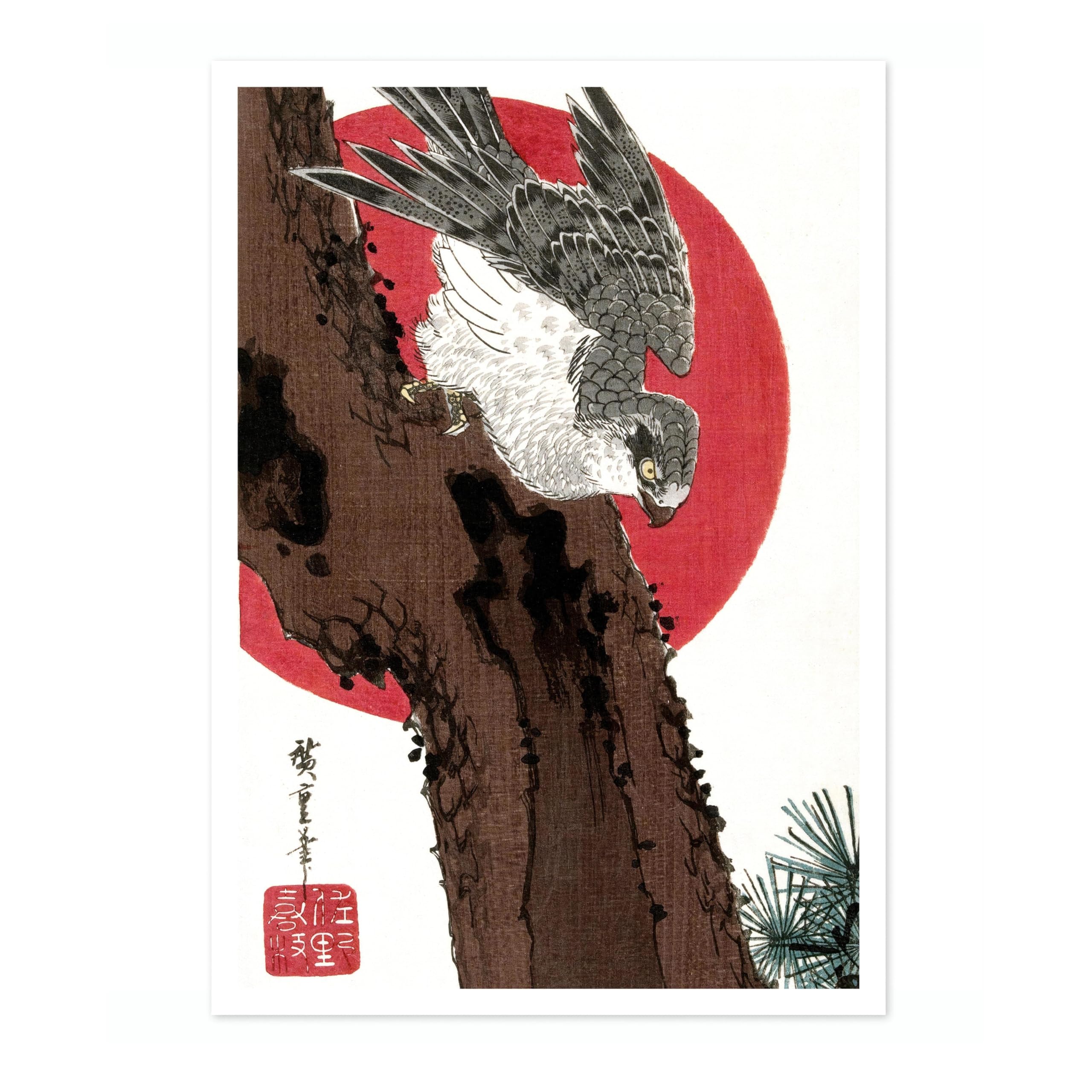 Animato Hawk & Red Sun Utagawa Hiroshige Poster, Japanese Woodblock Ukiyo-E Print, Vintage Art Picture Painting Wall Art Exhibition Bedroom Home Decor, A5 (Print Only) - 21x14.8cm — image 1