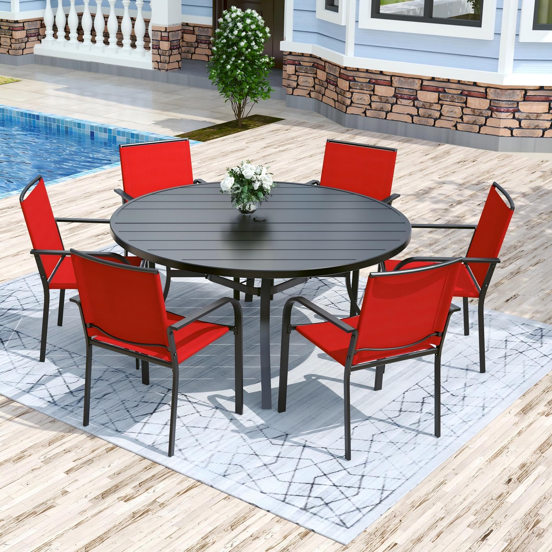 Anmutig 7 Piece Patio Dining Set 54 Inch Round Table Stackable Chairs Red