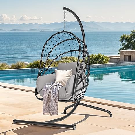 DWVO Wicker Swing Egg Chair 300lbs Capacity - Foldable Hanging Hammock with Cushions & Stand, Indoor/Outdoor Patio Swing Chair for Bedroom, Garden, Balcony (Grey)