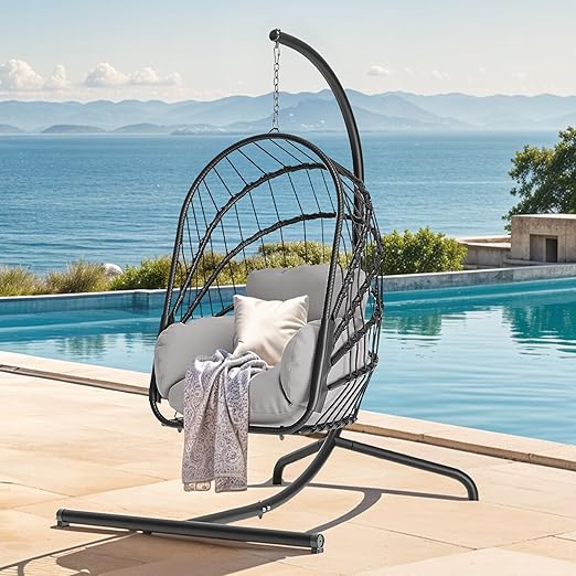 DWVO Wicker Swing Egg Chair 300lbs Capacity - Foldable Hanging Hammock with Cushions & Stand, Indoor/Outdoor Patio Swing Chair for Bedroom, Garden, Balcony (Grey)