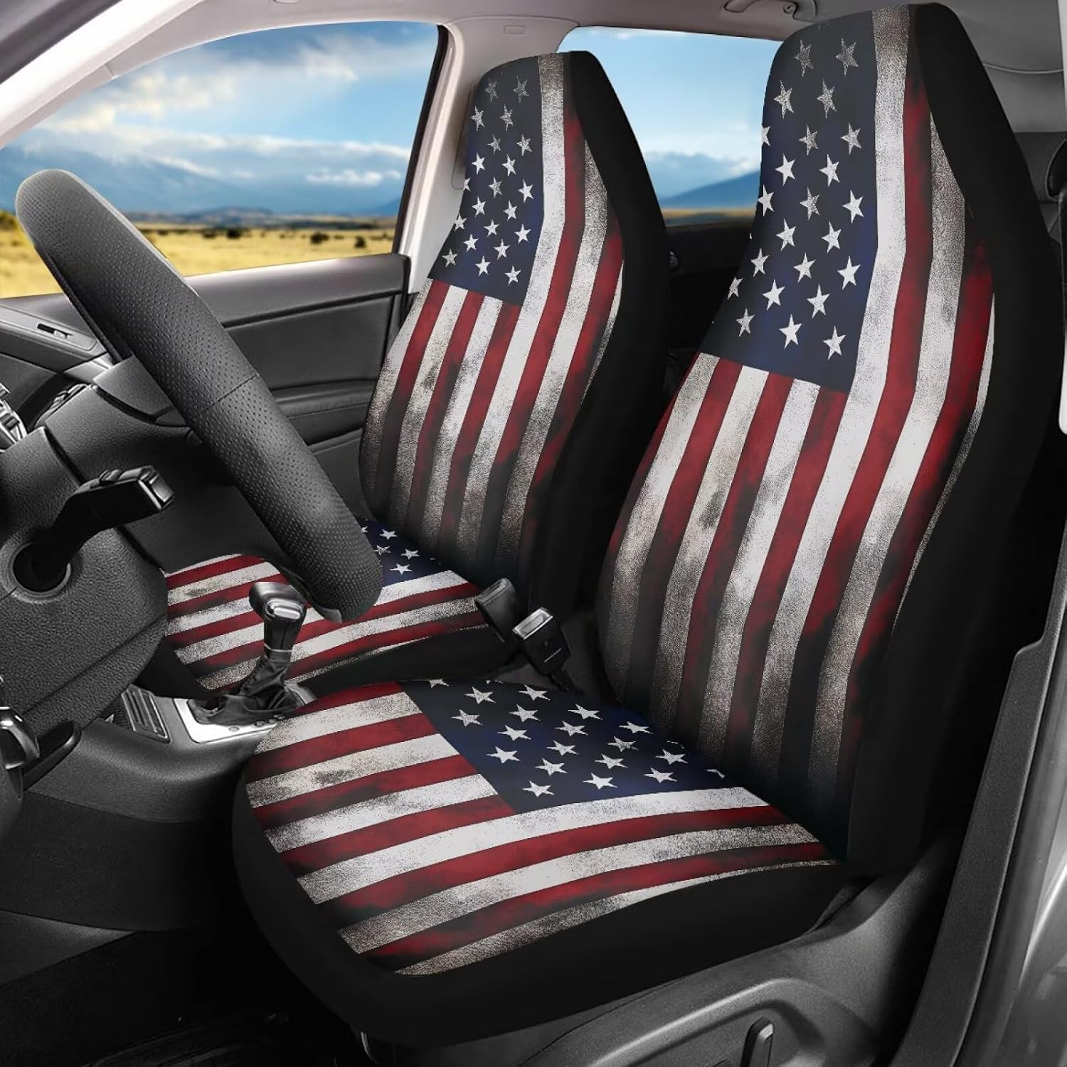 Xoenoiee Retro American Flag Car Seat Covers 2 Pack Front Seat Cover Bucket Seat Cushion Protector, 4th of July Patriotic Flag Pattern Universal Fits Most Car Truck Van and SUV