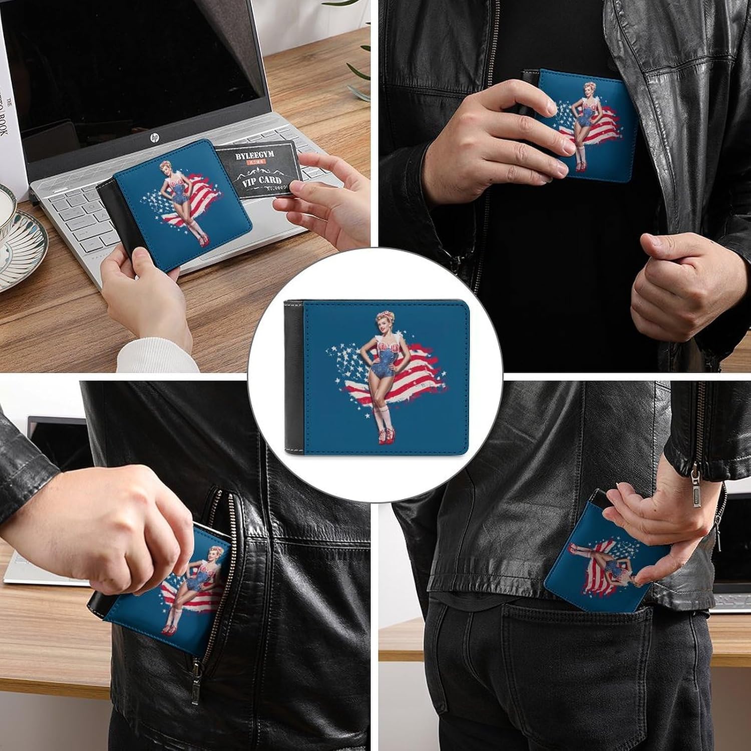 Vintage Pin Ups with U.S. Flag Novelty Wallet Soft Slim Front Pocket Bifold Purse with ID Credit Card Holder