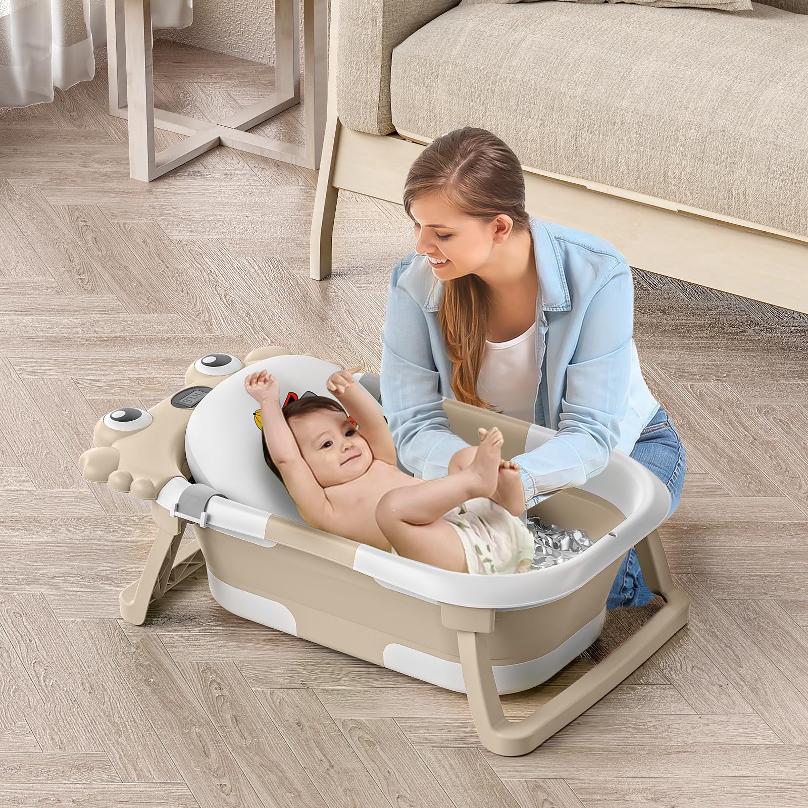 Bañera plegable para bebés y niños pequeños con monitor de temperatura en tiempo real + cojín flotante, juego de bañera plegable para bebés de 0 a 36 meses, bañera portátil de viaje para recién