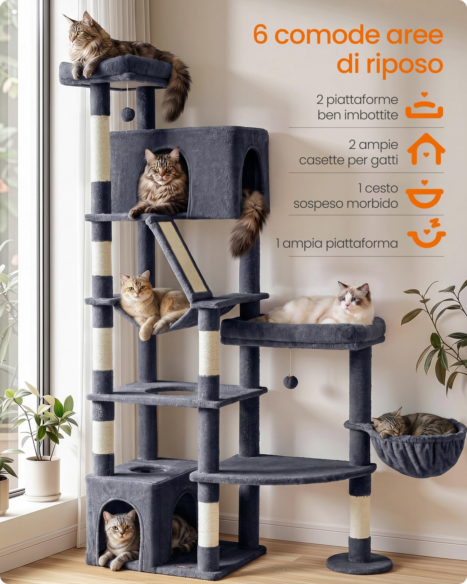 Feandrea Albero per Gatti, Tiragraffi Multilivello in Sisal con 6 Aree Riposo, Torre Stabile per Gatti Grandi, 105 x 45 x 188 cm, Grigio Scuro, Collezione Clawfy PCT016G201
