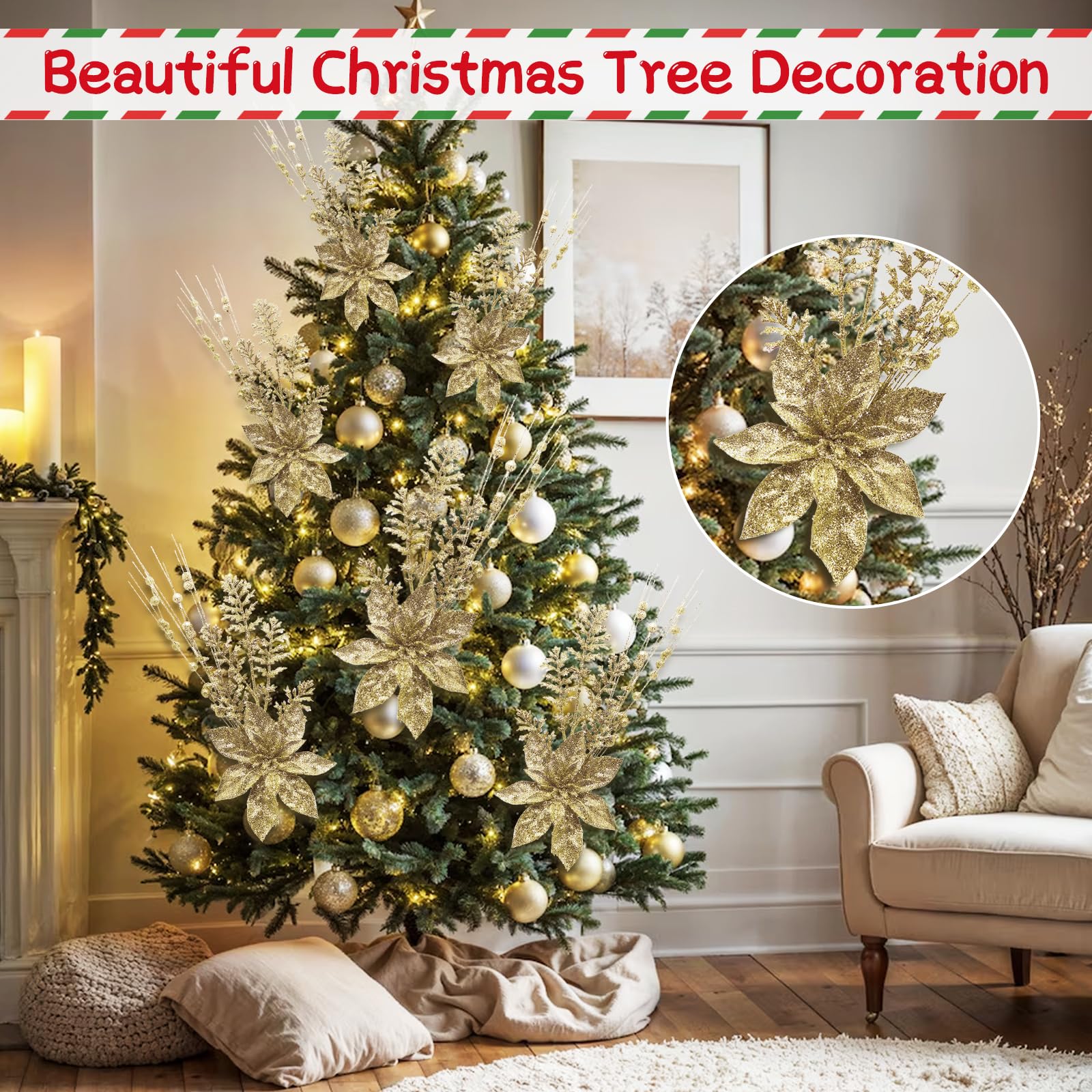 Künstliche Glitzer-Beerenstiel-Ornamente, 44 cm, künstliche Weihnachtsspieße, Dekorationen mit Weihnachtsstern, Perlenstäbchen für Weihnachtsbaum, Kranz, Hochzeit und kleine Vasen-Dekoration, 24 Stück