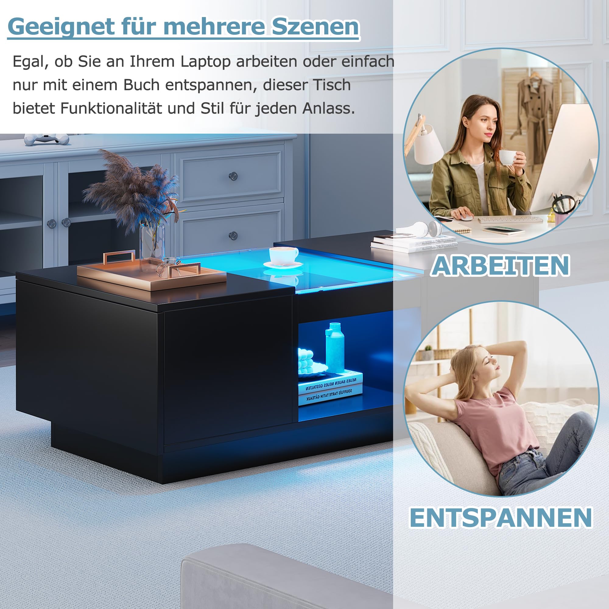 Merax Couchtisch LED Hochglanz, Mitteltisch Teetisch für Wohnzimmer, Schwarz Wohnzimmertisch mit 2 Schubladen und offenes Fach, Rechteckiger Beistelltisch Sofatisch Kaffeetisch, für Schlafzimmer Büro