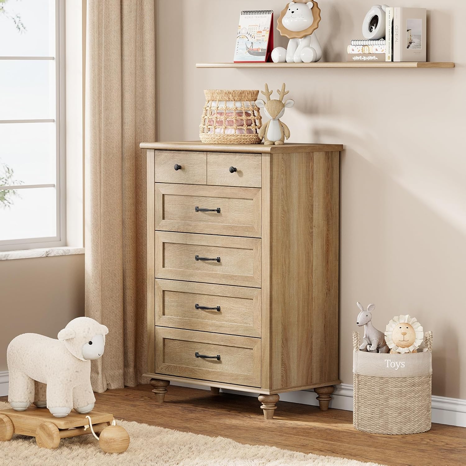 WAMPAT Oak Dresser for Bedroom with 5 Drawers, Tall Kids Dressers with Chest of Drawers, Farmhouse Light Wood Storage Organizer, Samll Dressers for Living Room, Nursery, Hallway