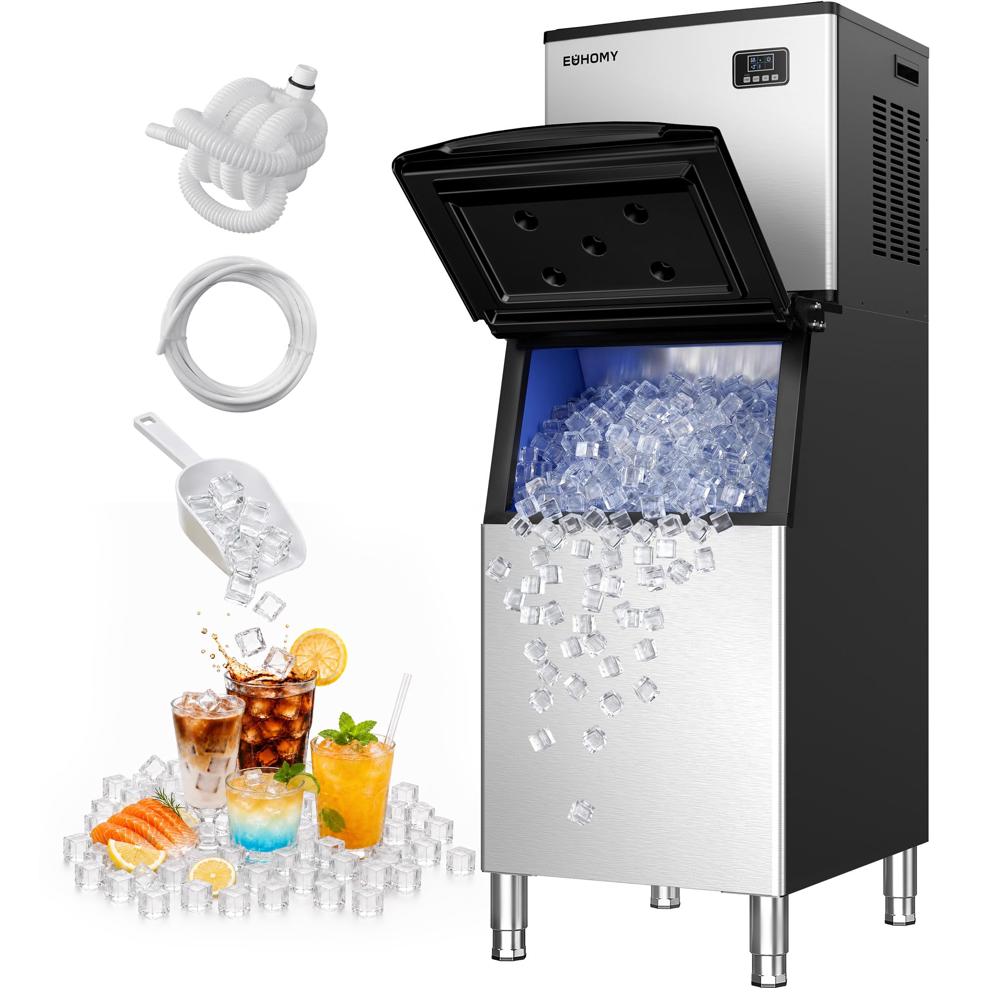 EUHOMY Commercial Ice Maker Machine 500Lbs/24H, SECOP Compressor&ETL Approval, Industrial Ice Machine, 250Lbs Storage, Ice Ready in 8-15 min,