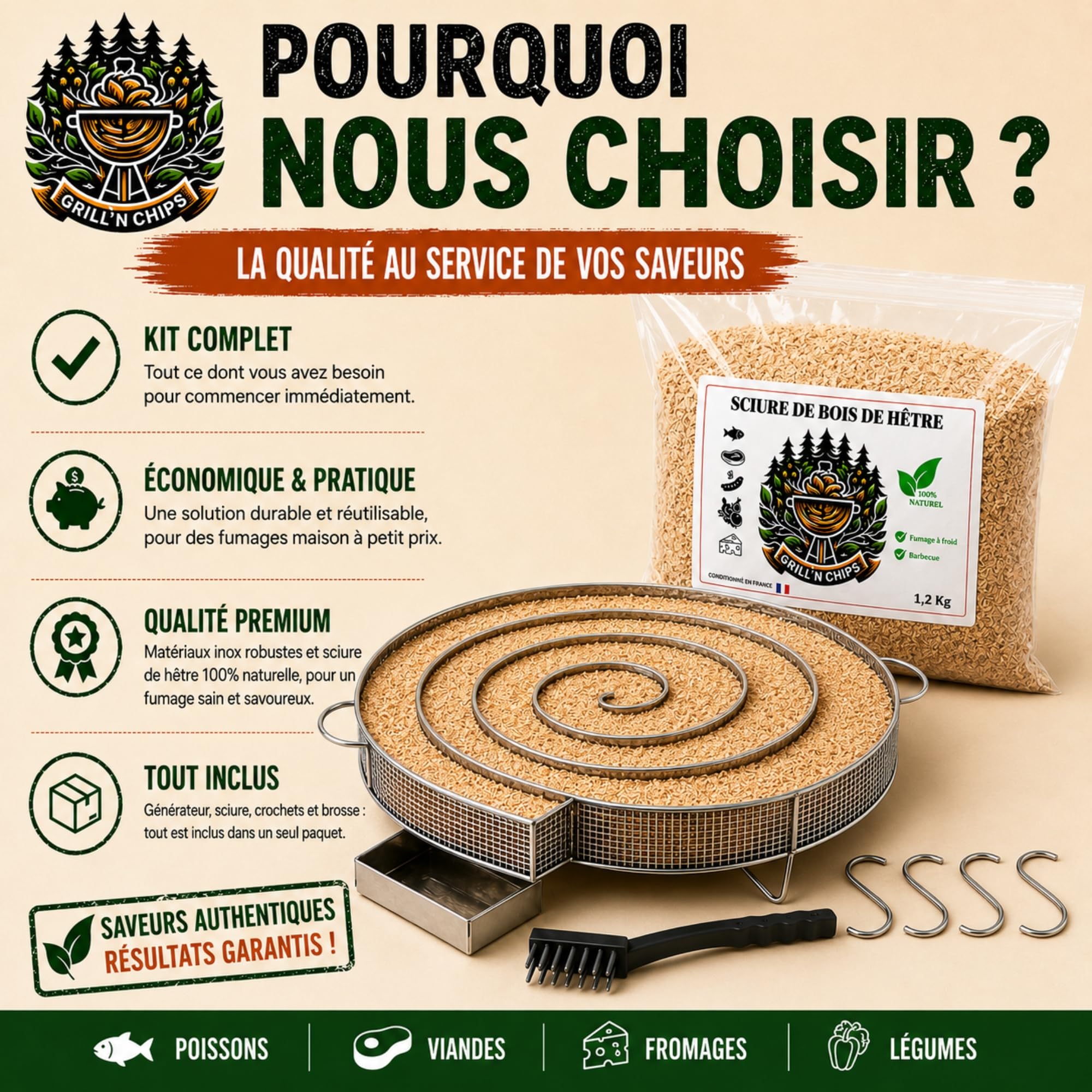 Générateur (30 cm)/Serpentin de Fumée Froide pour Fumoir Viande et Poisson + 1.2kg de Sciure de bois de hêtre + 4 crochets et 1 Brosse de nettoyage - Guide Numérique PDF à Télécharger (Offert)