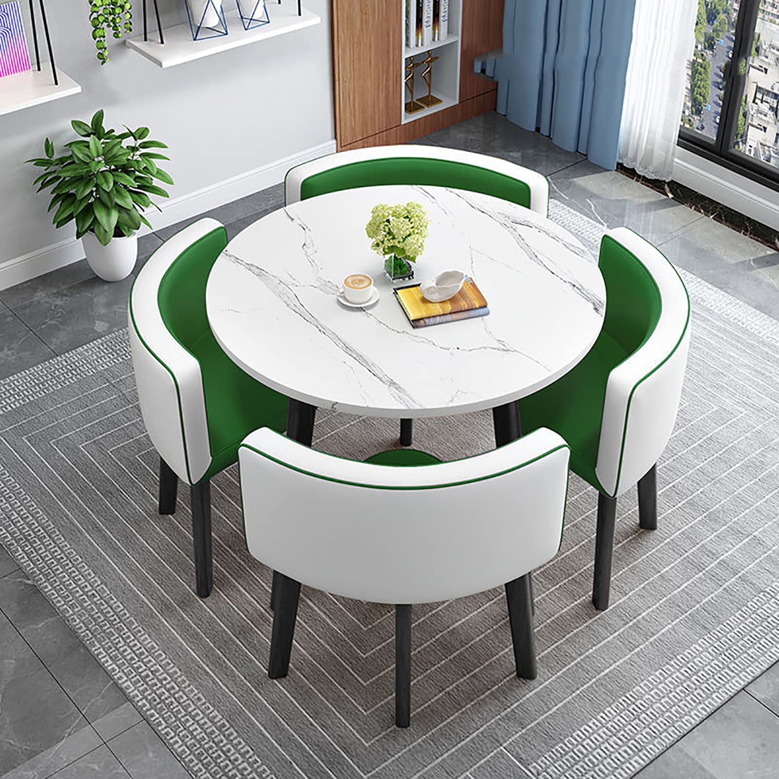 Modern Round Dining Table Set Space Saving Kitchen Table with 4 Fabric Chairs Ideal for Home Office 90 * 90 * 75cm Reception Saving Set,A16-90 * 90 * 75cm
