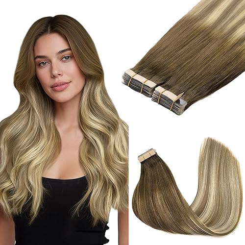 GOO GOO Tape in Hair Extensions Human Hair, 3/8/613 Walnut Brown to Ash Brown and Bleach Blonde, 20inch 100g 40pcs, Skin Weft Seamless Invisible, Silky Straight with Thick Ends, Remy Human Hair