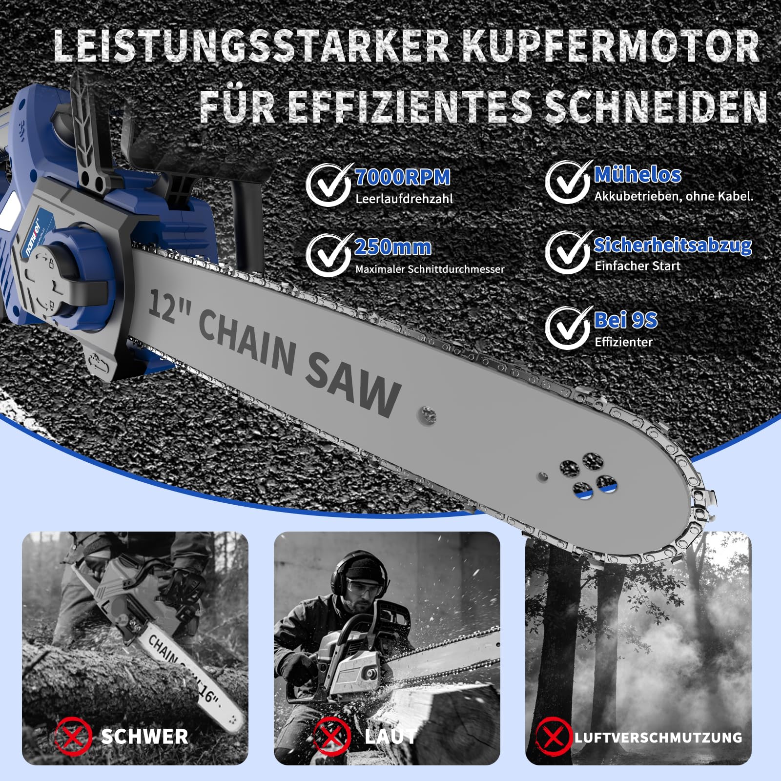 NANWEI Akku Kettensäge 12 Zoll mit 2x 4.0Ah Akku, kabellose Elektrosäge, ausgestattet mit einer Bremsklappe, bürstenlosem Motor (Mit 2 Batterie)