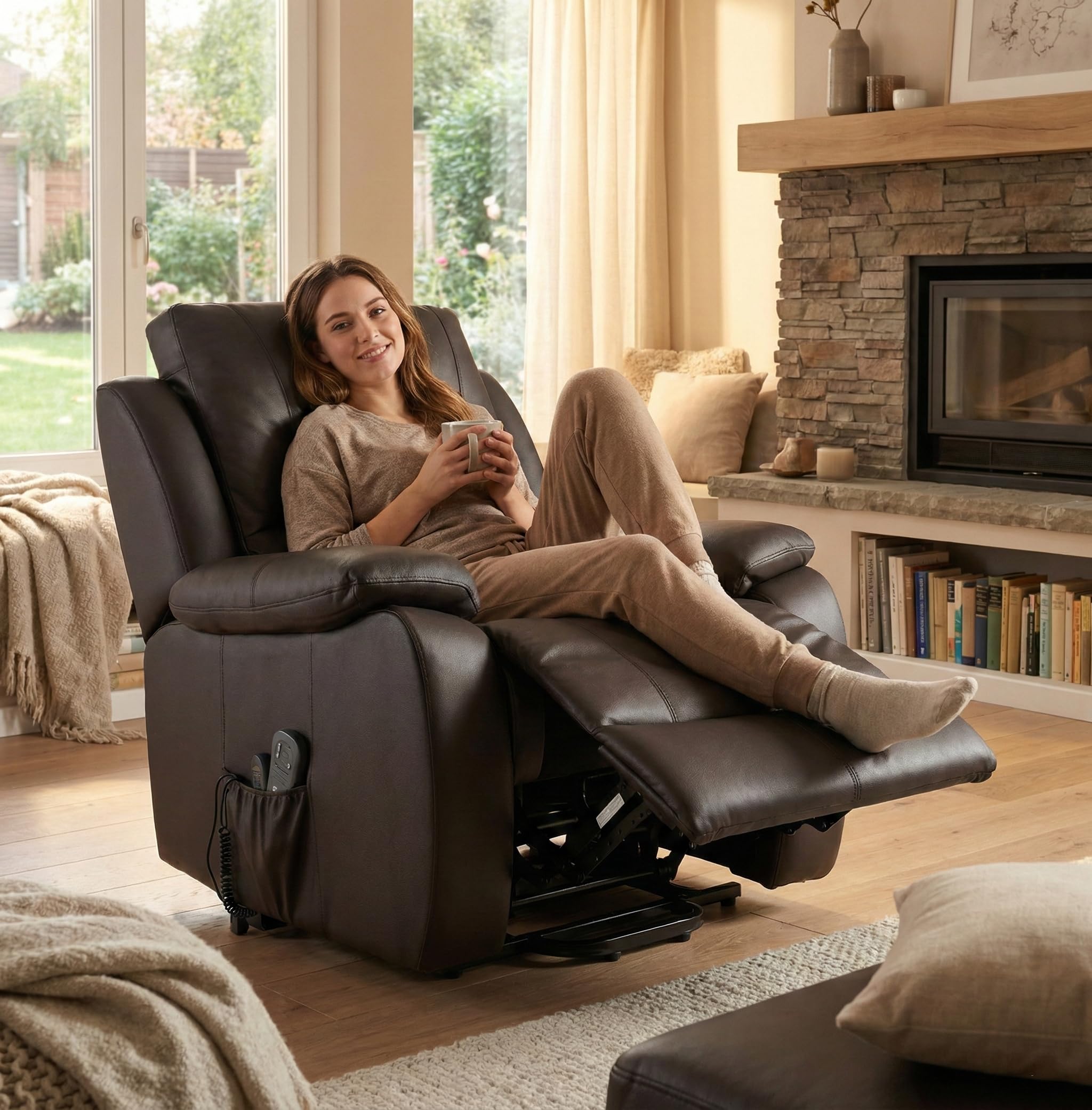 ECODE Fauteuil Releveur Électrique en Cuir de Vachette avec Massage et Chaleur Lombaire - Inclinaison 160° et Fonction Aide au Lever - Relax Idéal pour Personnes Âgées