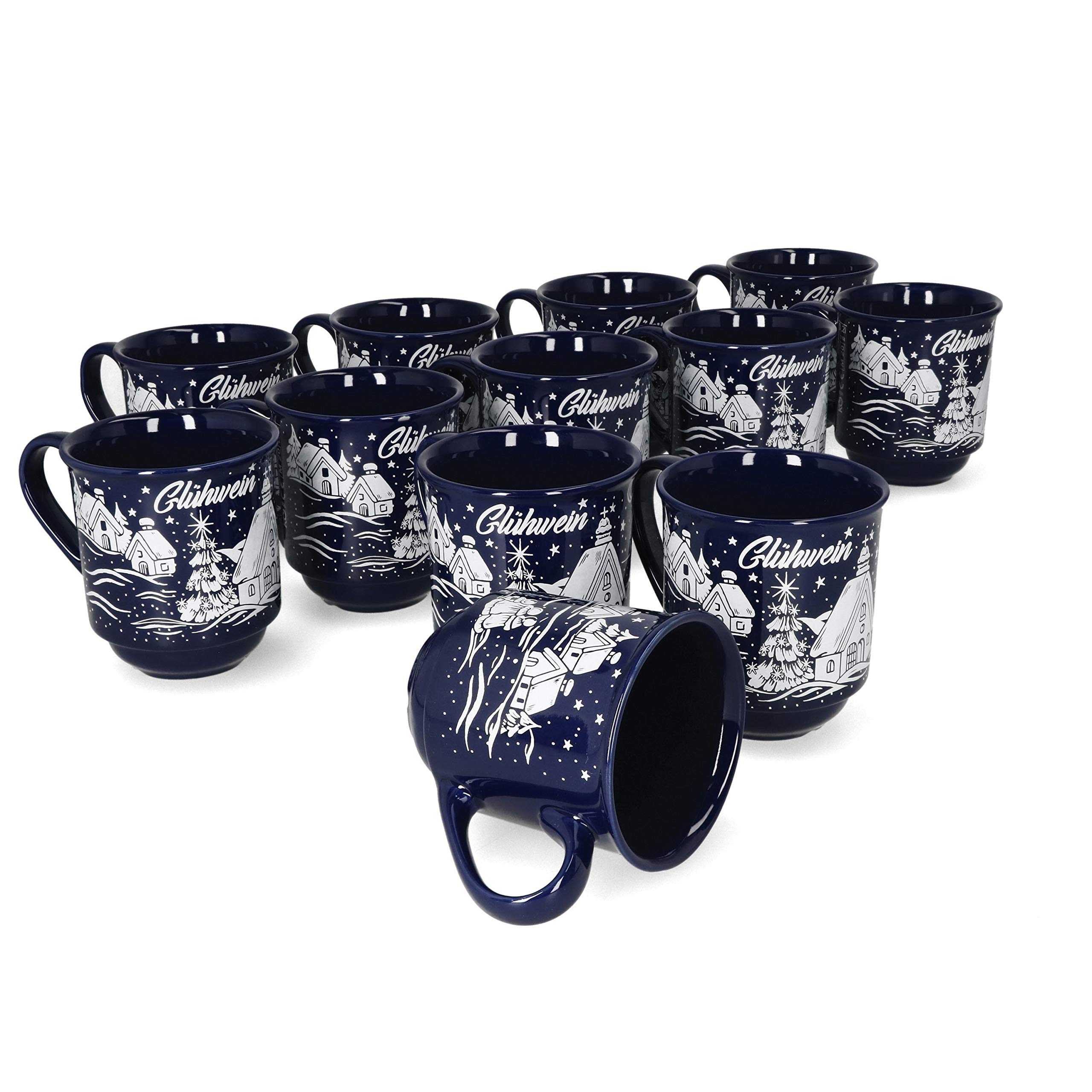 MamboCat 12er Set Glühweinbecher 0,2L mit Eichstrich I Klassische Weihnachtsmarkt Tasse mit Wintermotiv I Glühweintassen mit Henkel I Gastronomiebedarf Geschirr I Becher aus Keramik dunkelblau