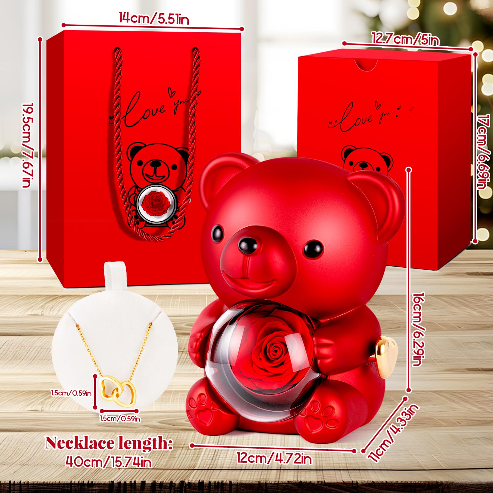 Aloskart Orso di Rosa Eterna con Collana a cuore, Orsetto Rosa Eterna Stabilizzata, Regalo San Valentino per lei, Idee Regalo Donna Compleanno, Regalo Natale per Moglie Mamma Fidanzata, Anniversario