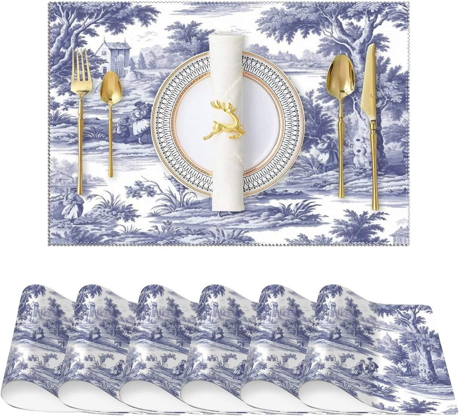 Navy White Blue Decorative Toile Print Placemats Set of 6 Chinoiserie Foldable Anti-Skid Table Placemat Asian Inspired Dining Table Decor for Home Party Indoor Outdoor Easy to Clean
