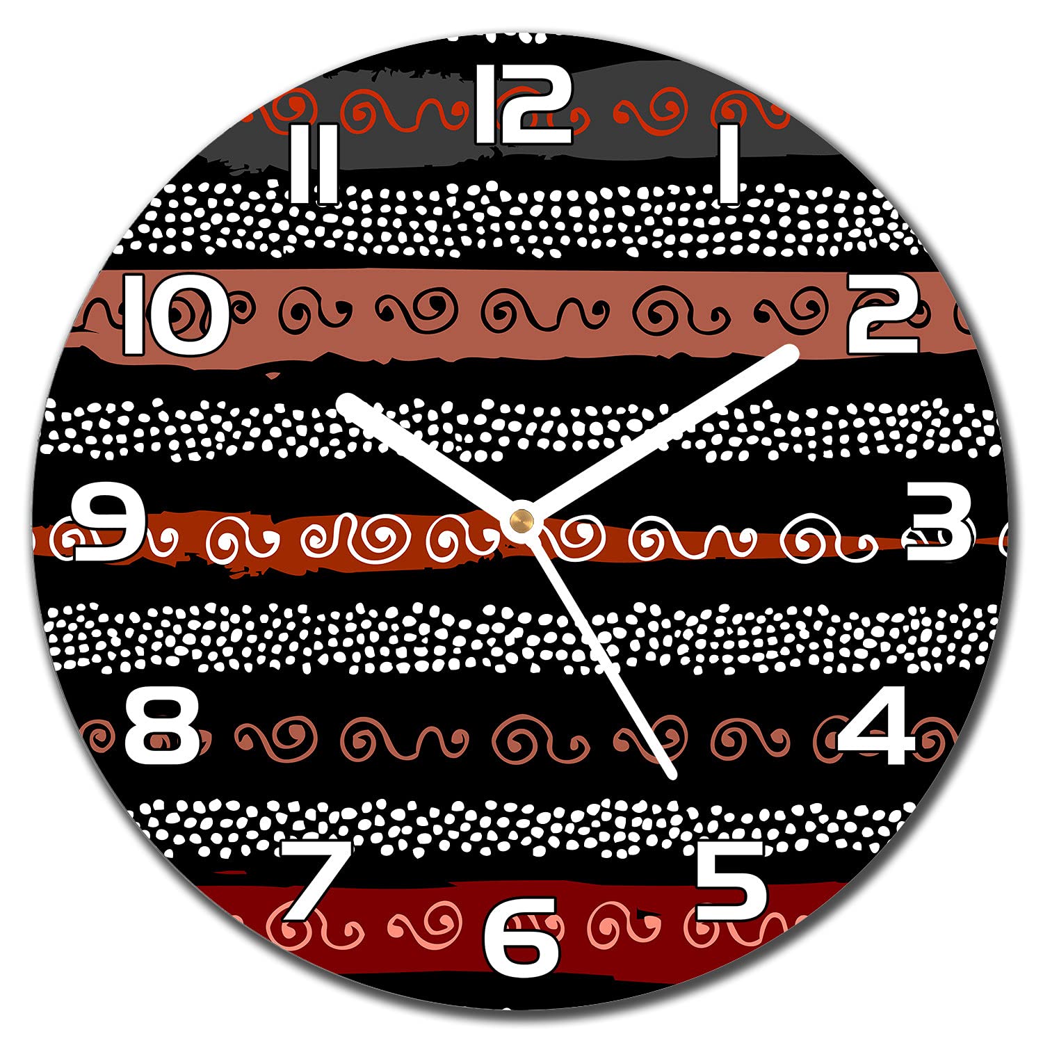 Horloge en verre murale 30 cm motif tribal africain avec aiguilles blanches