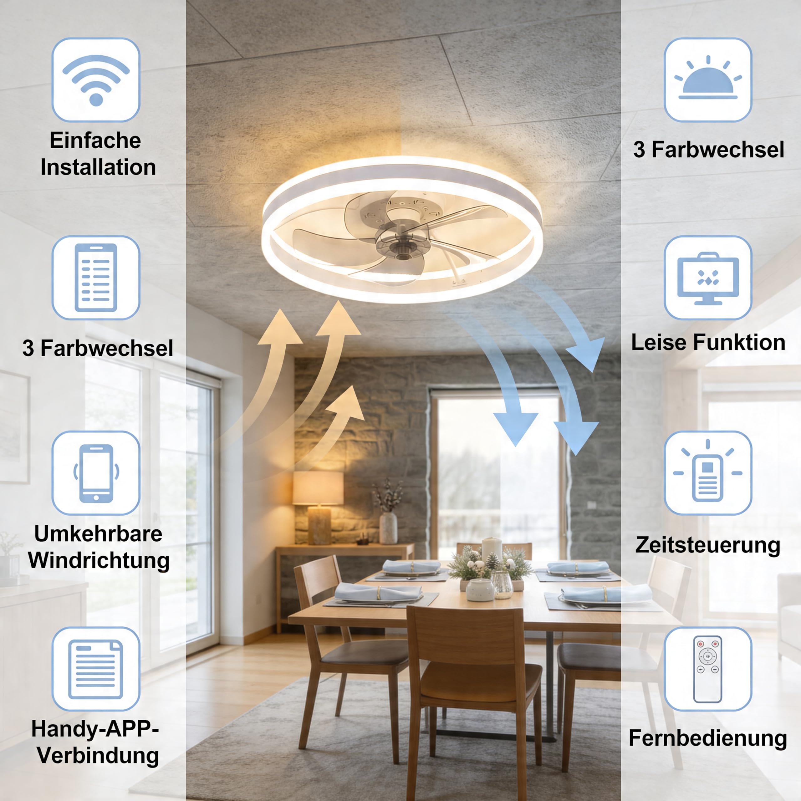 Deckenventilator Mit Beleuchtung,Ventilator Deckenleuchte,3 Farbtemperatur und 6 Geschwindigkeiten LED Deckenventilator mit Lampe,APP/Fernbedienung Leise Dimmbar Ventilator Deckenlampe (weiß, 50CM)