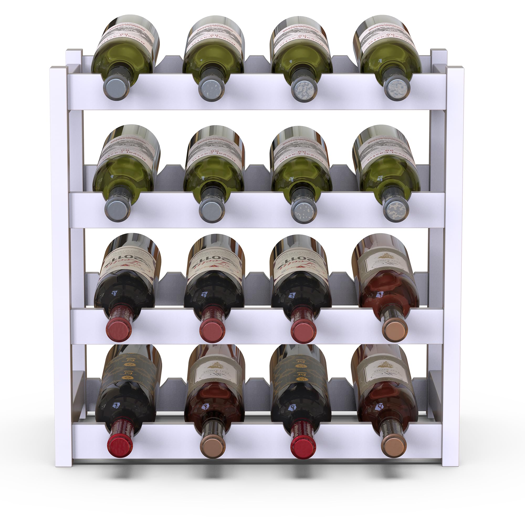BAKAJI Drewniany bambusowy stojak na wino z 16 przegródkami na wino szampana, stojak na wino podłogowe, piwnica narożna, bar, salon, kuchnia, bistro, restauracja, 43,5 x 25 x 43 cm (biały)