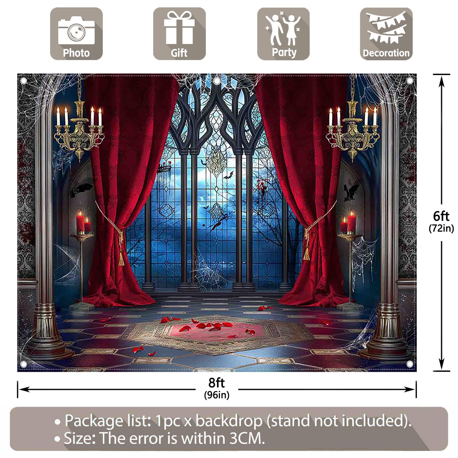 YCUCUEI 7x5ft Fabric Halloween Vampire Medieval Castle Backdrop Gothic Window Red Curtain Bats Photography Background Haunted House Party Decor Photo Props: 8'x6' blue