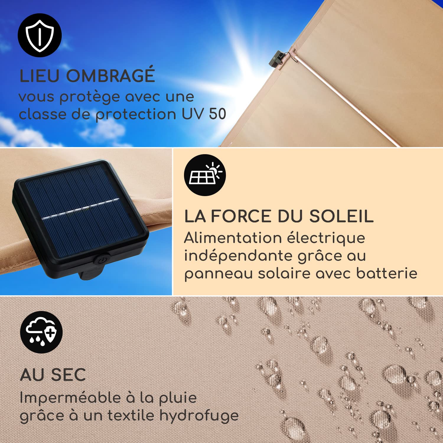 blumfeldt Parasol Flex Garden, 180x130 cm Parasol de Jardin Exterieur et Balcon, Panneaux Solaires, Lumières LED Contrôle WiFi, Protection UV, Etanche, Parasol Deporte Réglables Hauteur, Angle-Base