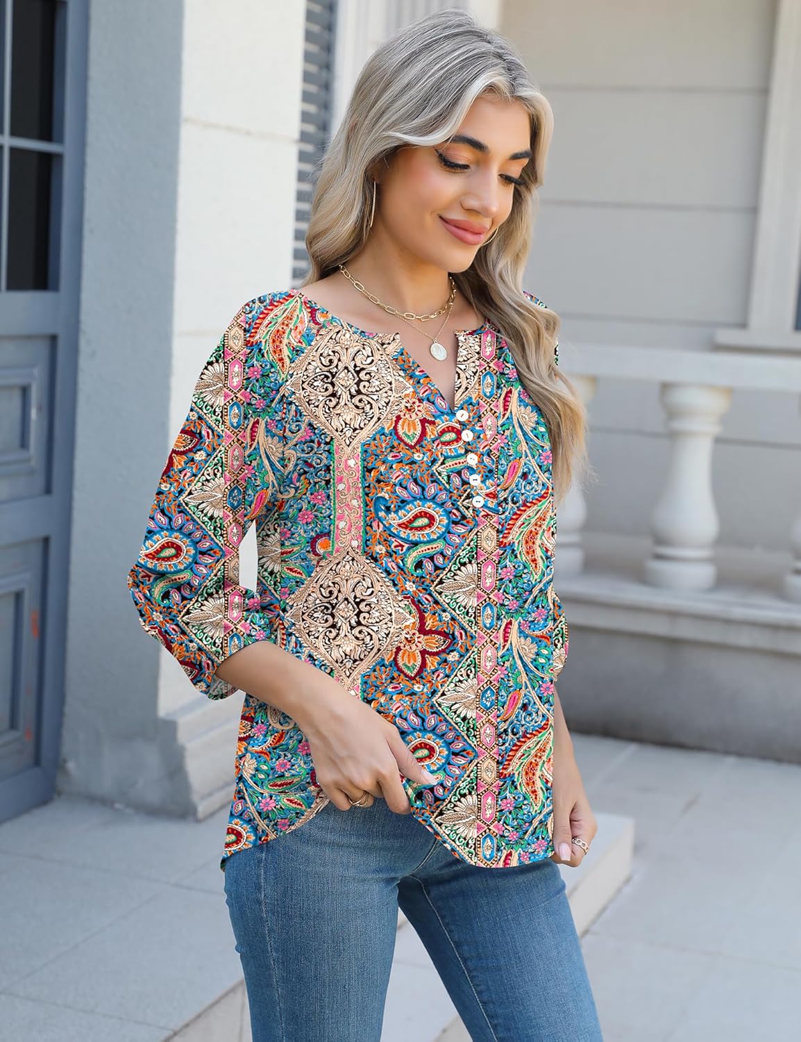 Micoson Womens 3/4 Sleeve Tops Dressy Casual V Neck Chiffon Work Blouses Loose Fit Business Button Down Shirts - Image 5