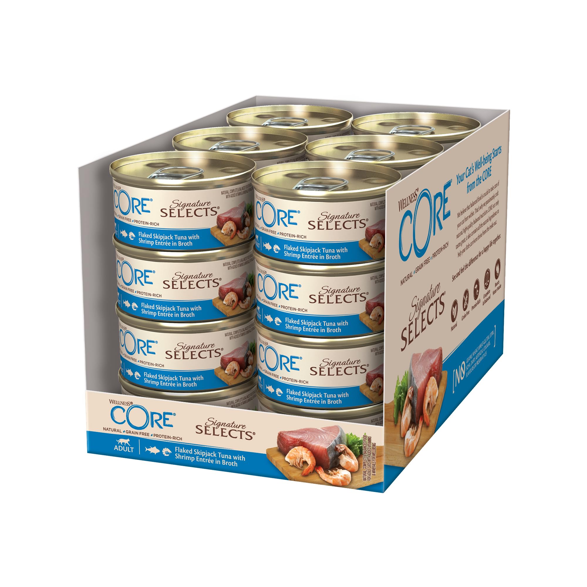 Wellness CORESignature Selects, 24 x 79g, Flaked Skipjack Tuna & Shrimps, Wet Cat Food, Delicious Flakes in Broth, All-Natural, Grain-Free, High Meat Content, Protein-Rich, No Added Sugar